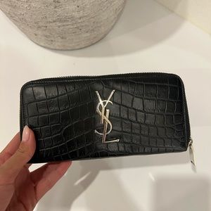 YSL Cassandre Zip-Around Wallet in Crocodile Embossed Leather - Silver Hardware
